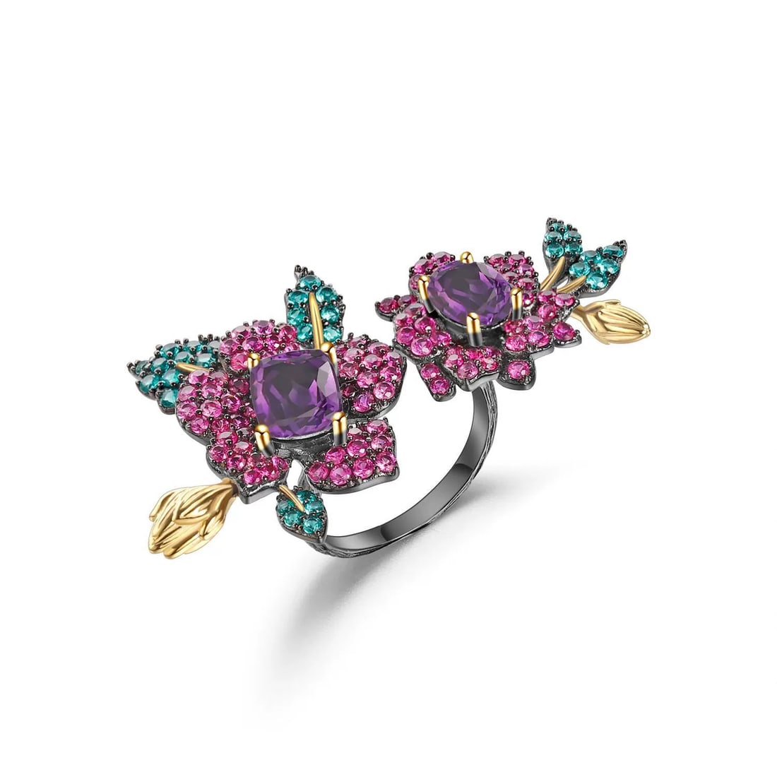 925 Sterling Silver Natural Citrine & Lab Created Ruby & Nano Emerald & Flowers Ring: Ref:260821310 // gold content:925 sterling silver // ring size:7. 25us // // main gemstone:citrine // shape:cushion // carat weight: // color:yellow // treatment:natural // // adjacent gemstone 2 :