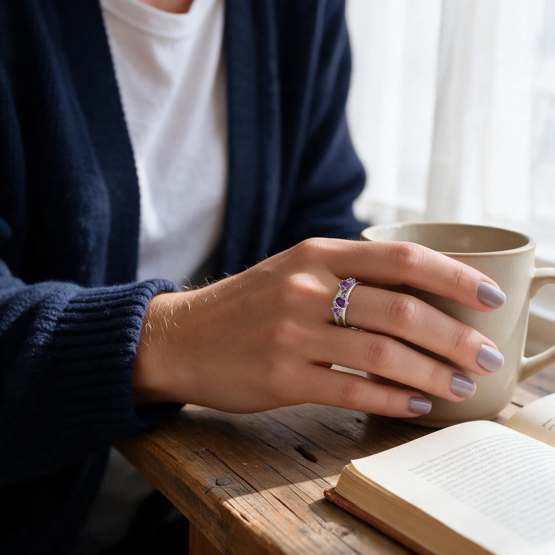 925 Sterling Silver Natural Amethyst & Cubic Zirconia Ring - 4