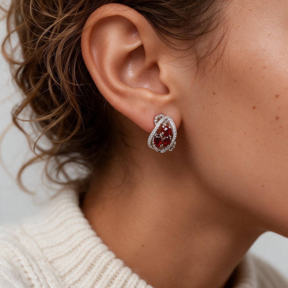925 Sterling Silver Natural Garnet & Cubic Zirconia Earrings - 7