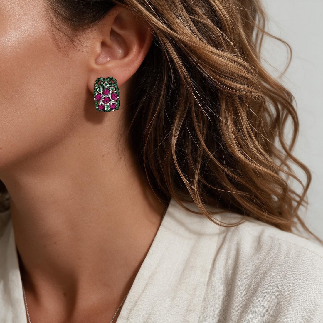 925 Sterling Silver Natural Rhodolite Garnet & Nano Emerald Earrings - 6