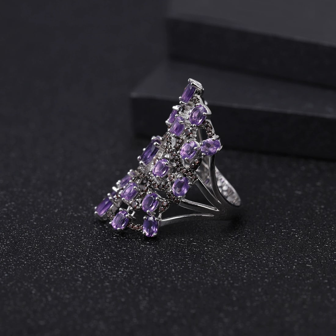 925 Sterling Silver Natural Amethyst & Nano Smoky Ring - 3