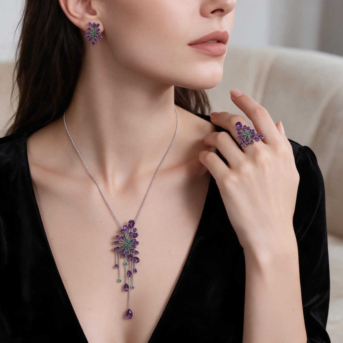 925 Sterling Silver Natural Amethyst Jewelry Set - 3