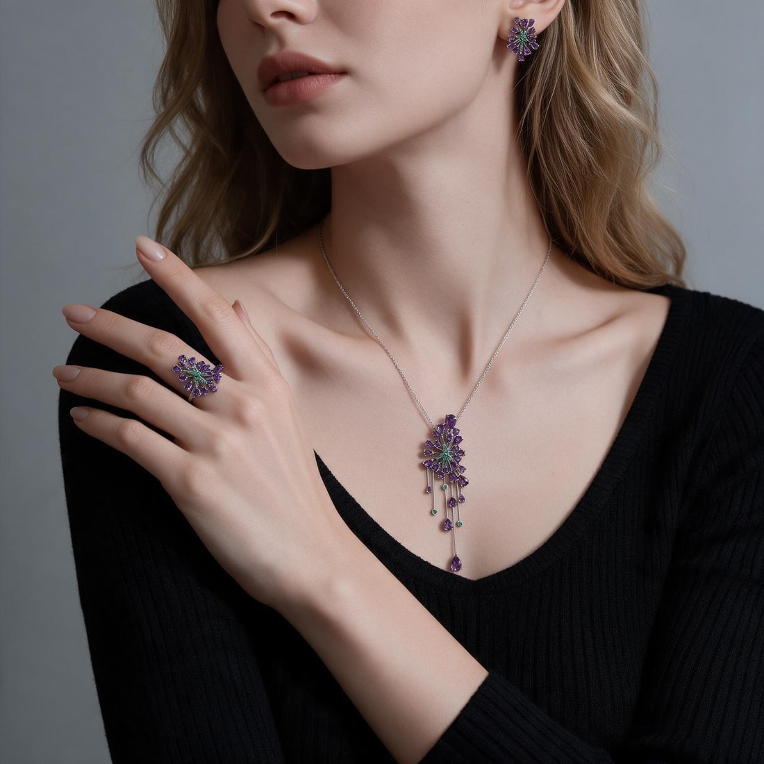 925 Sterling Silver Natural Amethyst Jewelry Set - 4