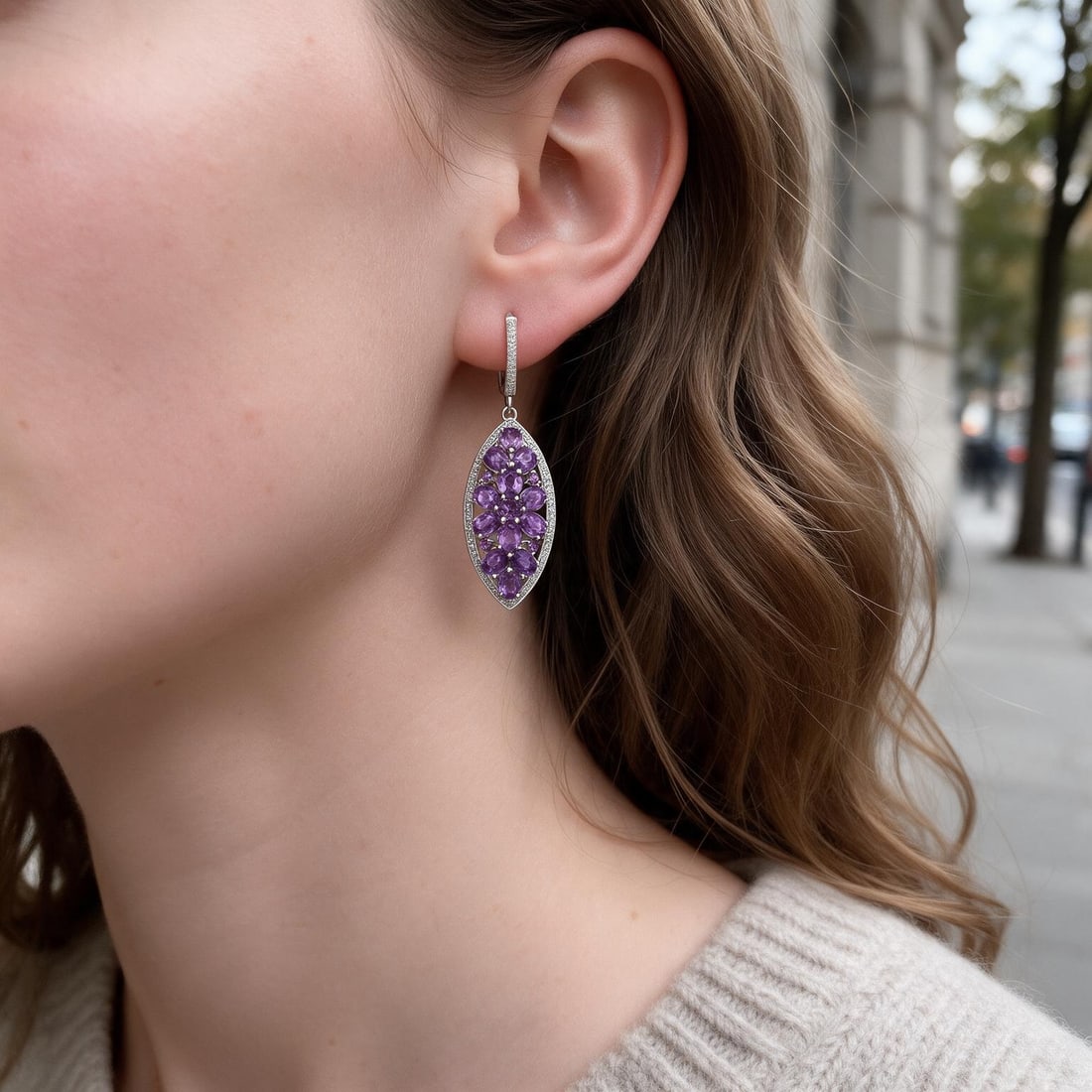 925 Sterling Silver Natural Amethyst & Cubic Zirconia Earrings - 7