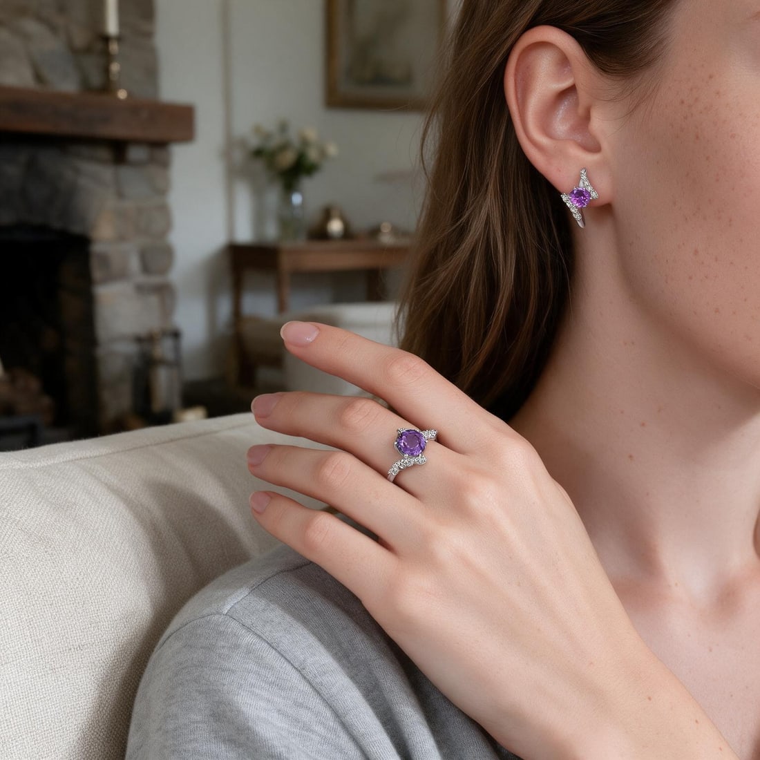 925 Sterling Silver Natural Amethyst Jewelry Set - 6