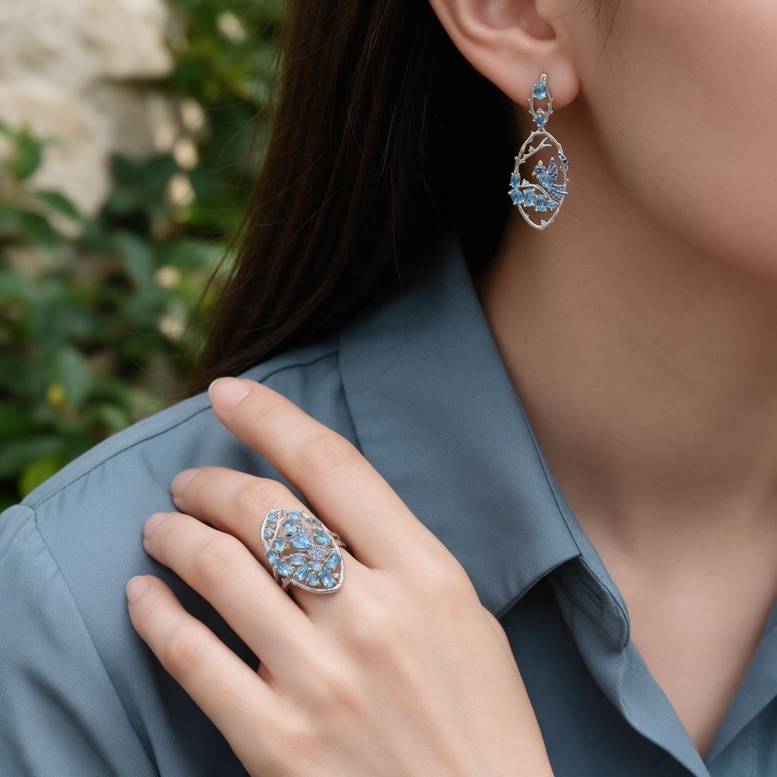 925 Sterling Silver Natural Topaz & Cubic Zirconia Jewelry Set - 6