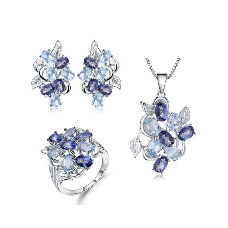 925 Sterling Silver Natural Topaz Jewelry Set: Ref:260821422 // gold content:925 sterling silver // ring size:7. 25us // // main gemstone:topaz // shape:multiple // carat weight: // color:blue // treatment:natural // Condition: New Low Estimate: 9