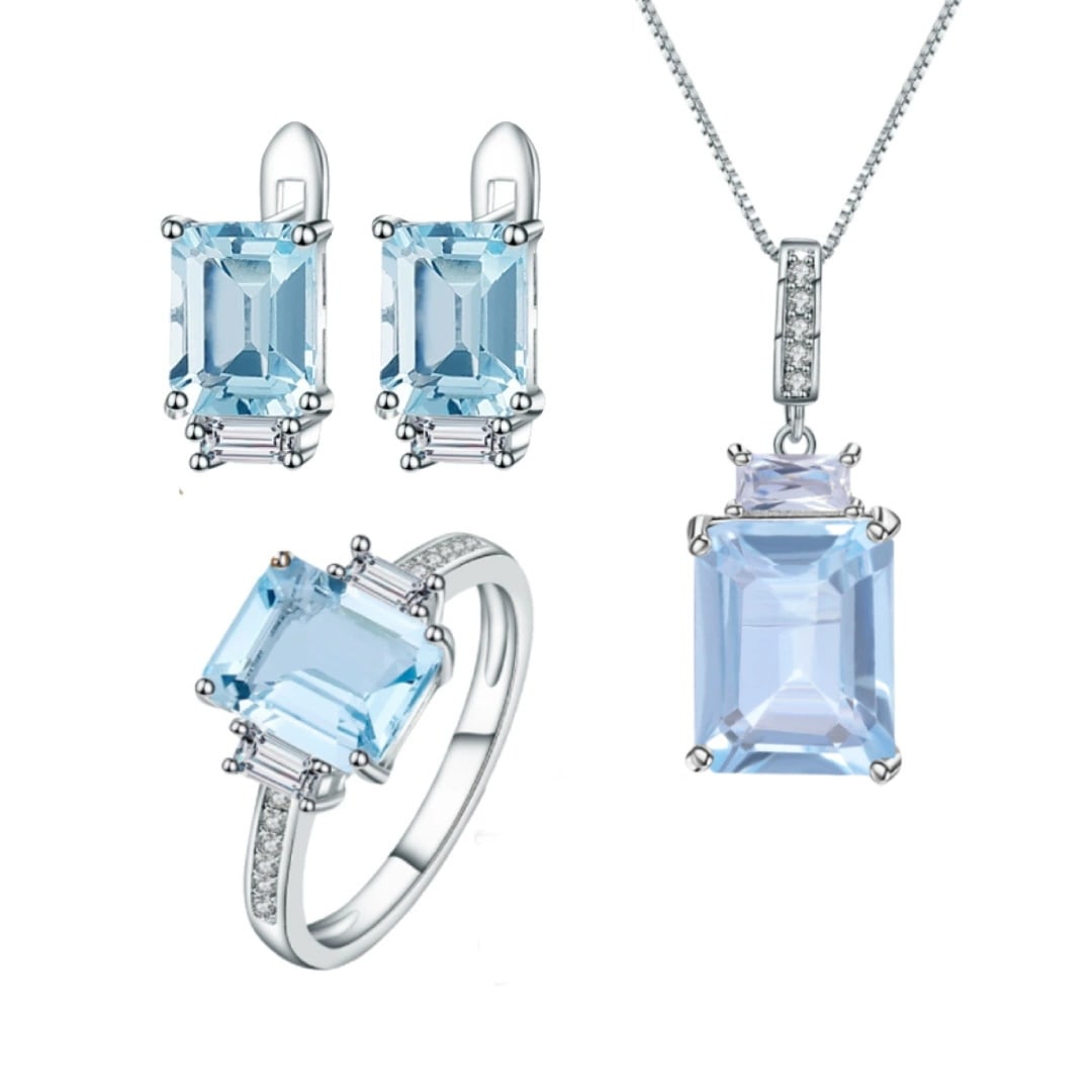 925 Sterling Silver Natural Topaz Jewelry Set: Ref:260821408 // gold content:925 sterling silver // ring size:7. 25us // // main gemstone:topaz // shape:multiple // carat weight: // color:blue // treatment:natural // Condition: New Low Estimate: