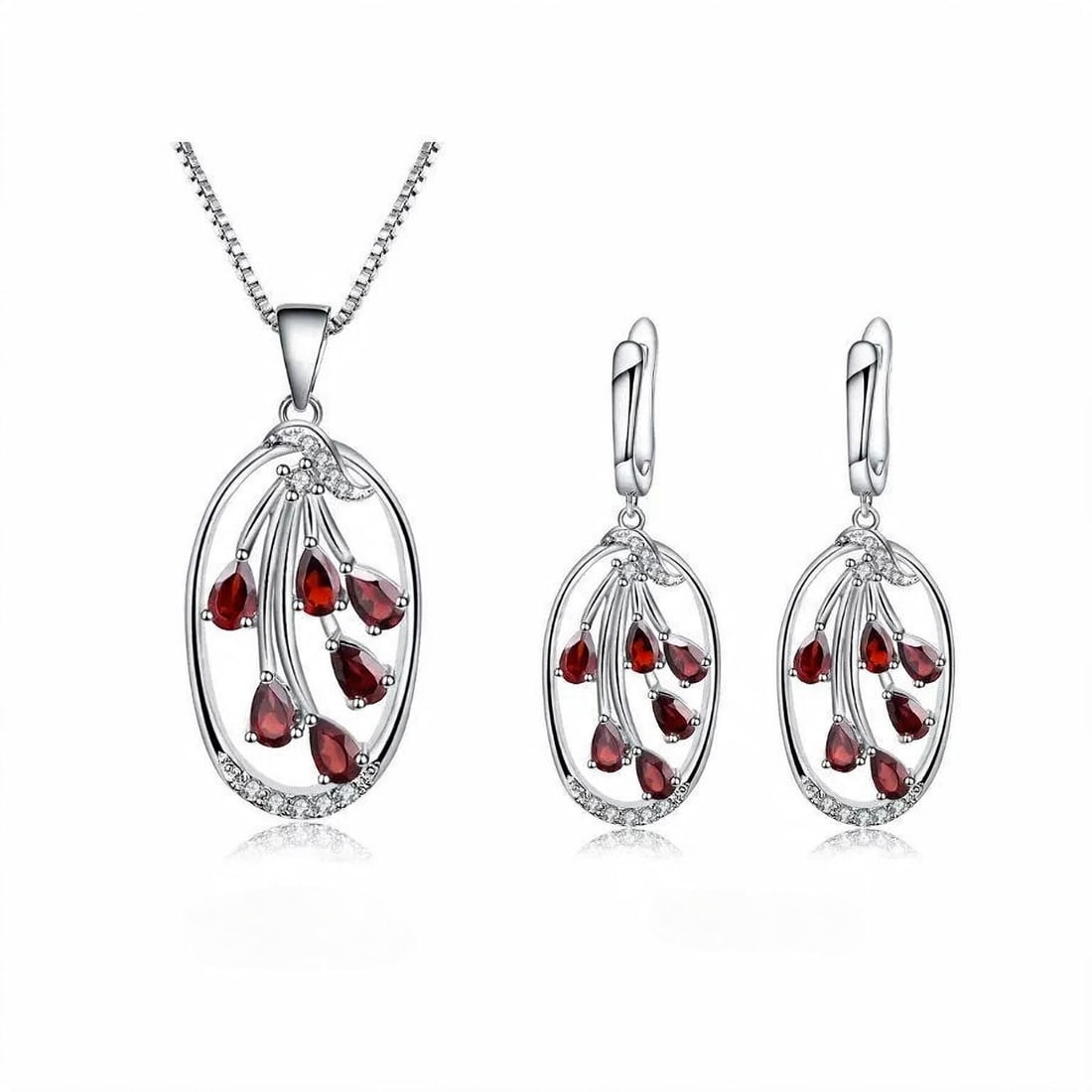 925 Sterling Silver Natural Garnet & Cubic Zirconia Jewelry Set: Ref:260821395 // gold content:925 sterling silver // main gemstone:garnet // shape:pear // carat weight: // color:red // treatment:natural // // adjacent gemstone 2 : cubic zirconia // shape:round //