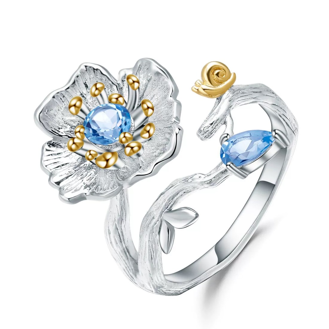 925 Sterling Silver Natural Topaz & Topaz & Flowers Jewelry Set - 3