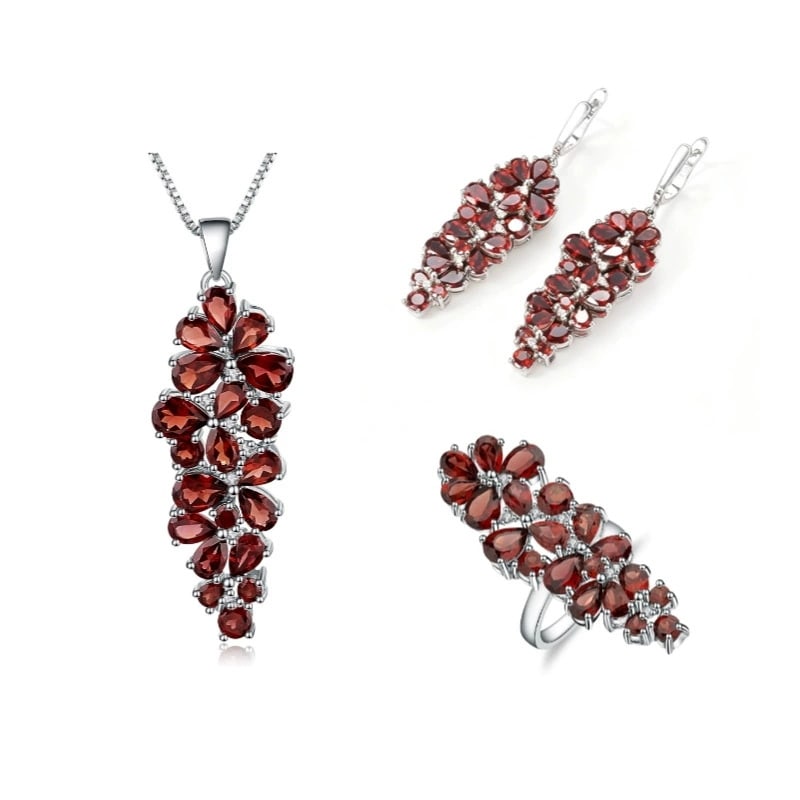 925 Sterling Silver Natural Garnet Jewelry Set: Ref:260821406 // gold content:925 sterling silver // ring size:7. 25us // // main gemstone:garnet // shape:multiple // carat weight: // color:red // treatment:natural // Condition: New Low Estimate: