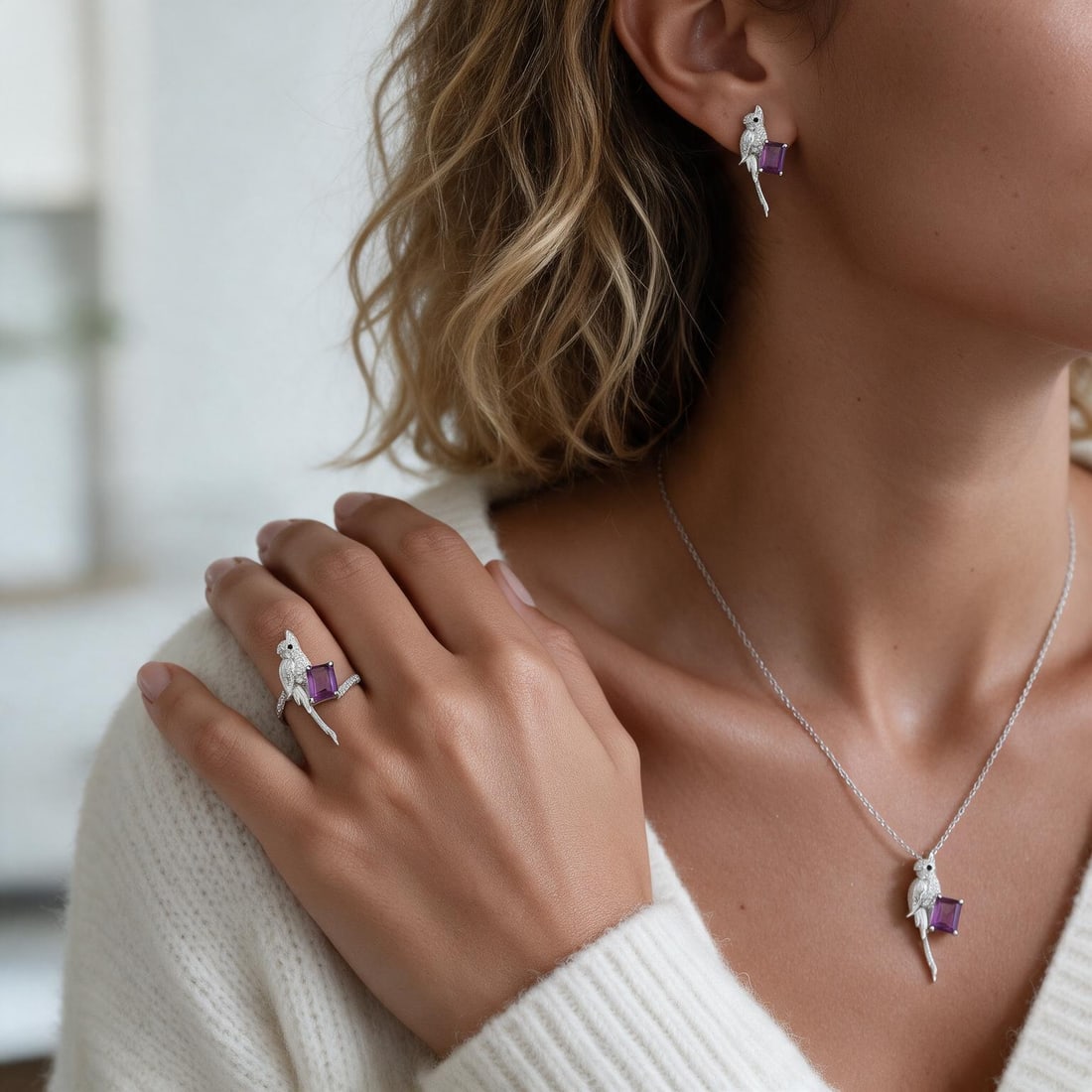 925 Sterling Silver Natural Amethyst Jewelry Set - 9