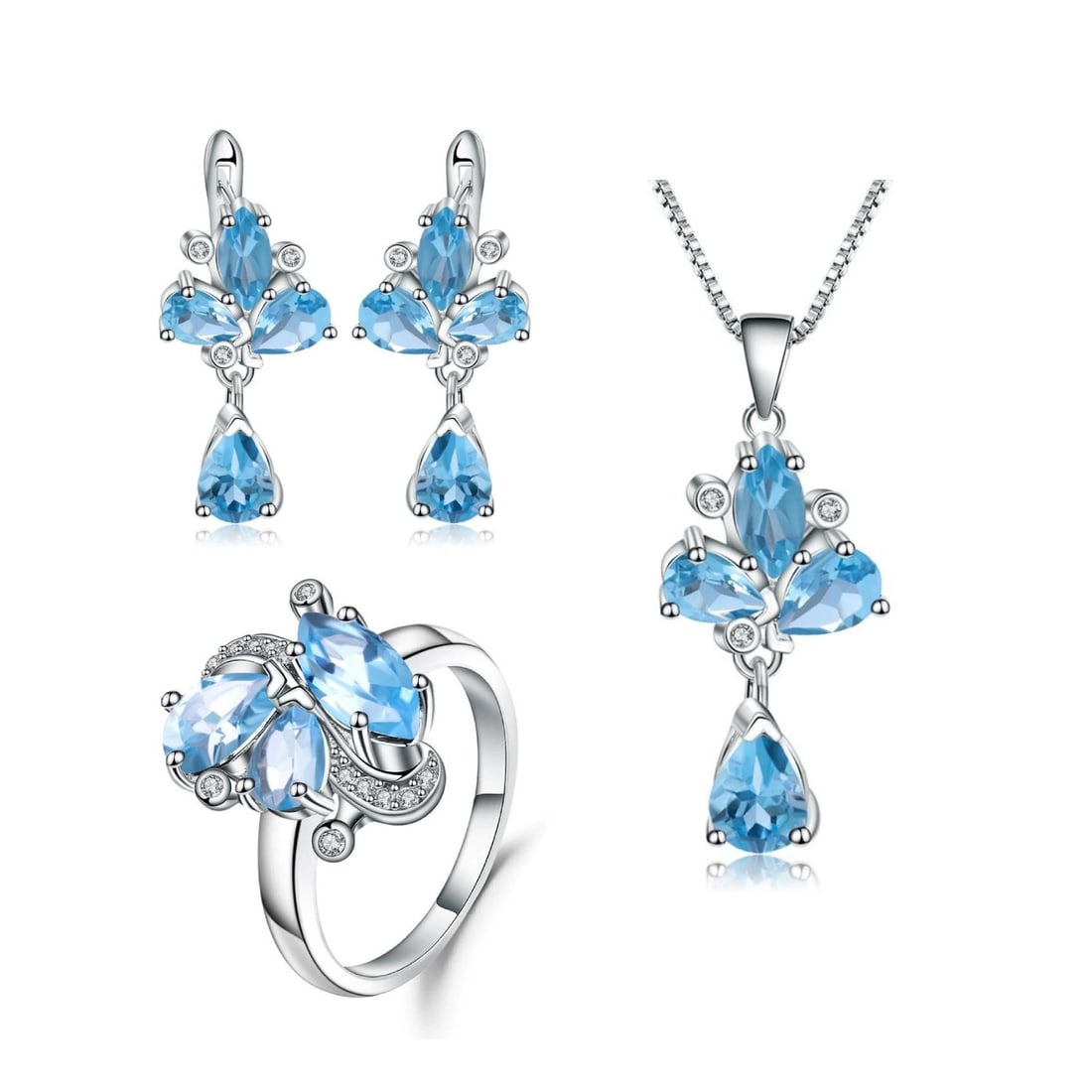 925 Sterling Silver Natural Topaz Jewelry Set: Ref:260821423 // gold content:925 sterling silver // ring size:7. 25us // // main gemstone:topaz // shape:multiple // carat weight: // color:blue // treatment:natural // Condition: New Low Estimate: 9