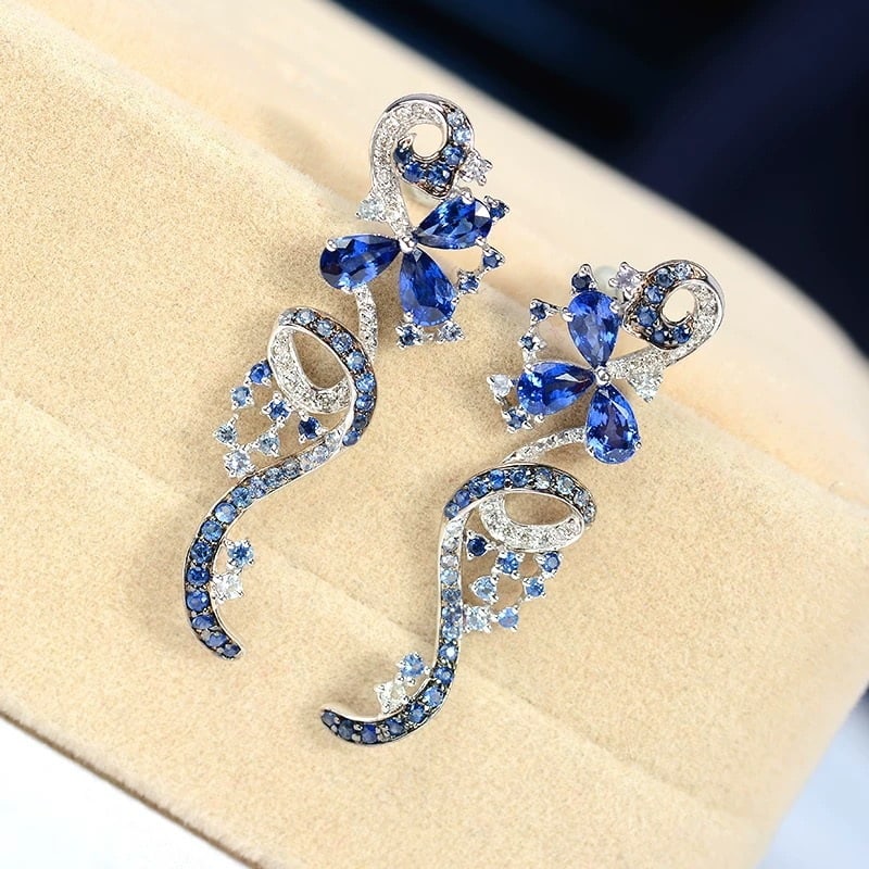 14k Gold 2.35 Ct Natural Sapphire & Diamond Earrings - 2
