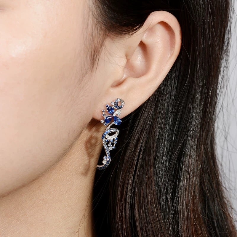 14k Gold 2.35 Ct Natural Sapphire & Diamond Earrings - 4
