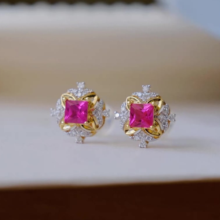 14k Gold 0.66 Ctw Natural Ruby & Diamond Earrings: Ref:230967016 // gold content:14k gold // main gemstone:ruby // shape:princess // carat weight:0. 56ct // color:red // treatment:natural // // adjacent gemstone 2 : diamond // shape:round // carat wei