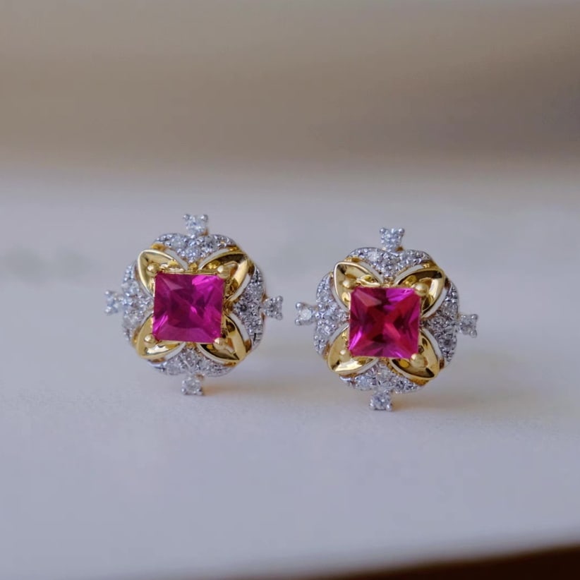 14k Gold 0.66 Ctw Natural Ruby & Diamond Earrings - 2