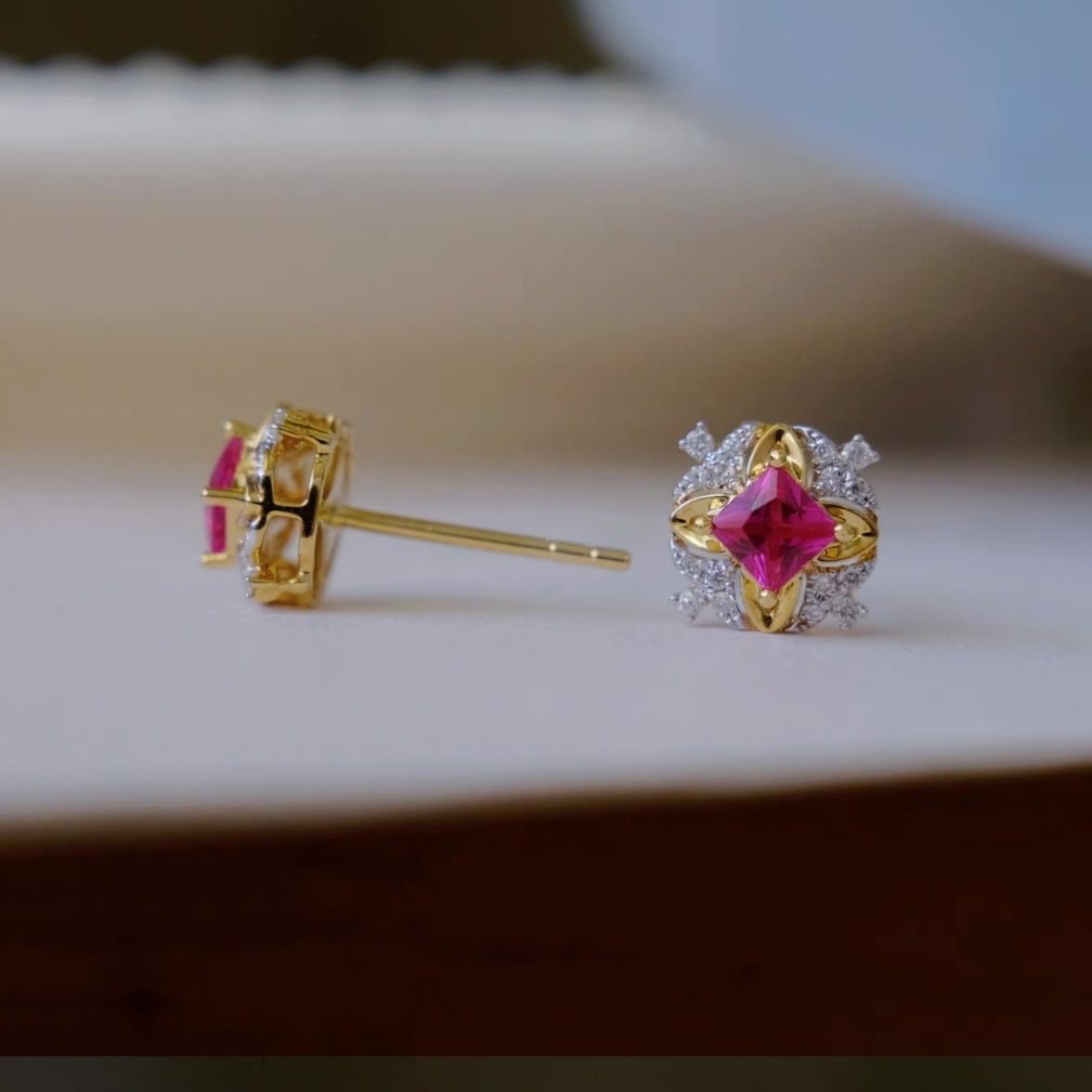 14k Gold 0.66 Ctw Natural Ruby & Diamond Earrings - 3