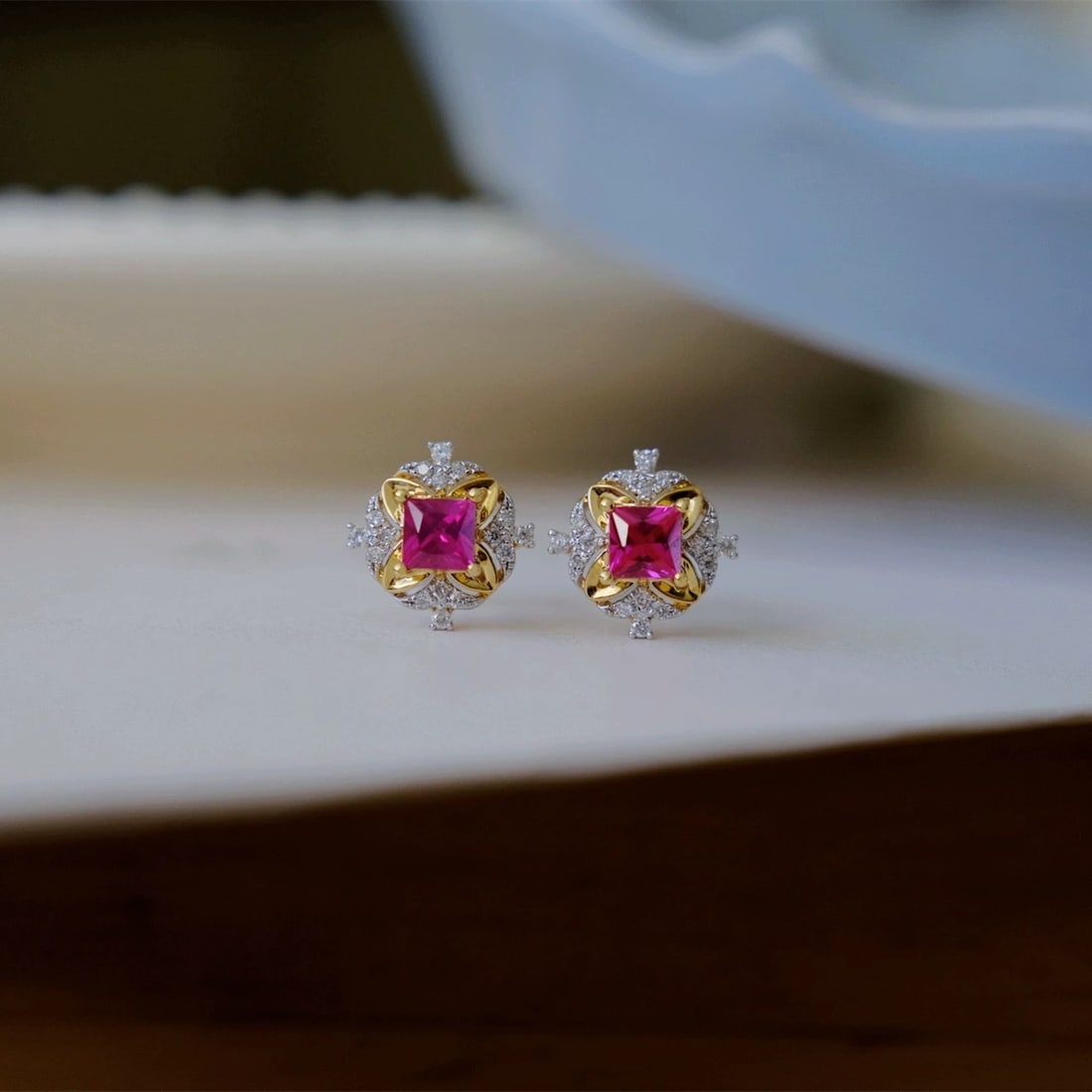14k Gold 0.66 Ctw Natural Ruby & Diamond Earrings - 4