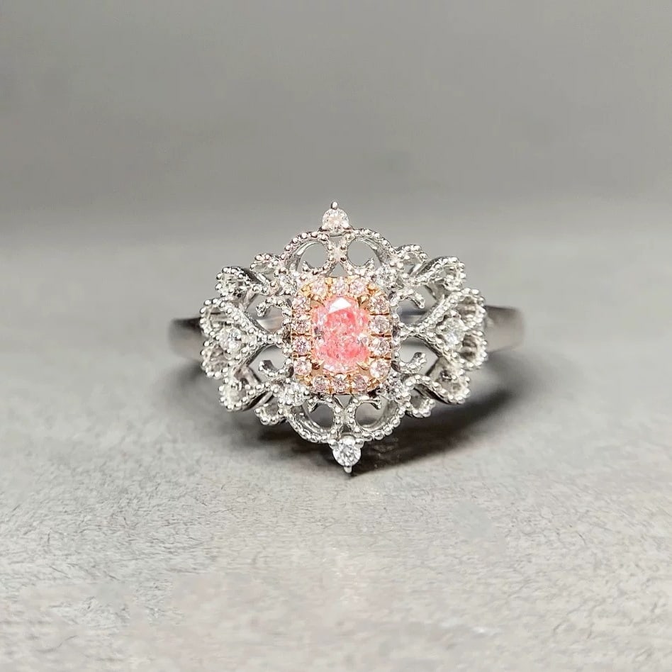 14k Gold 0.24 Ctw Natural Pink Diamond & Diamond Ring: Ref:230967031 // gold content:14k gold // ring size:7. 25us // // main gemstone:pink diamond // shape:oval // carat weight:0. 13ct // color:pink // treatment:natural // // adjacent gemstone 2 :