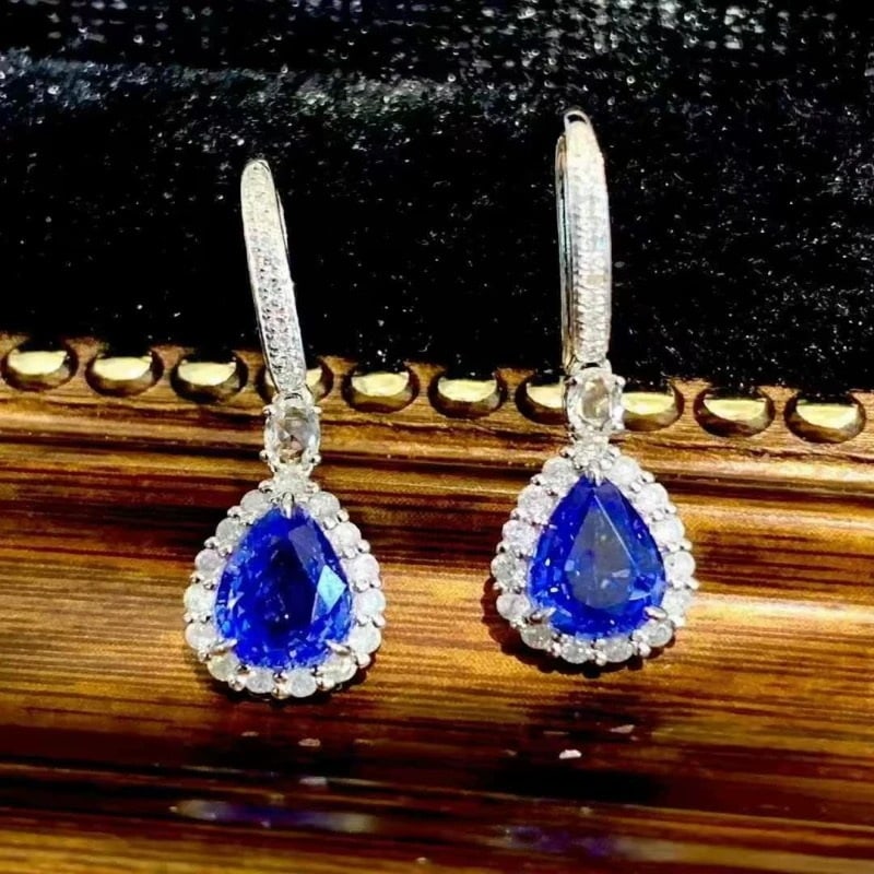 14k Gold 1.85 Ct Natural Sapphire & Diamond Earrings - 2