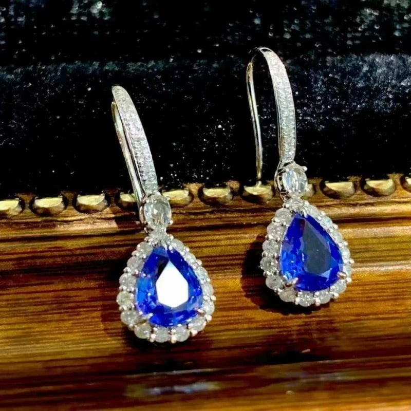 14k Gold 1.85 Ct Natural Sapphire & Diamond Earrings - 4