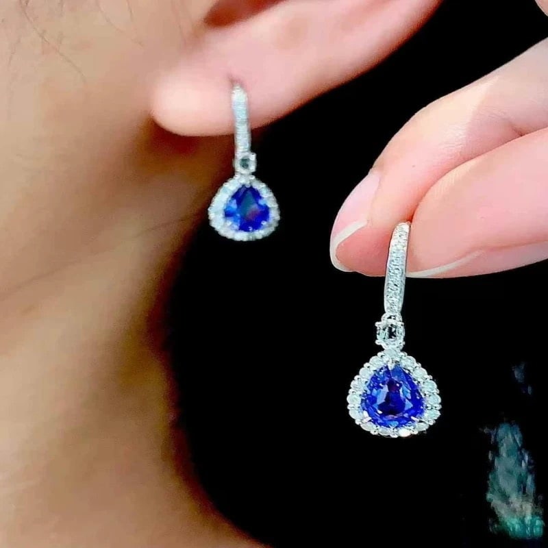 14k Gold 1.85 Ct Natural Sapphire & Diamond Earrings - 5