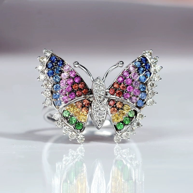 14k Gold 0.66 Ct Natural Sapphire & Diamond & Butterfly Ring: Ref:230967026 // gold content:14k gold // ring size:7. 25us // // main gemstone:sapphire // shape:round // carat weight:0. 66ct // color:color // treatment:natural // cut grade:g // // adjacent