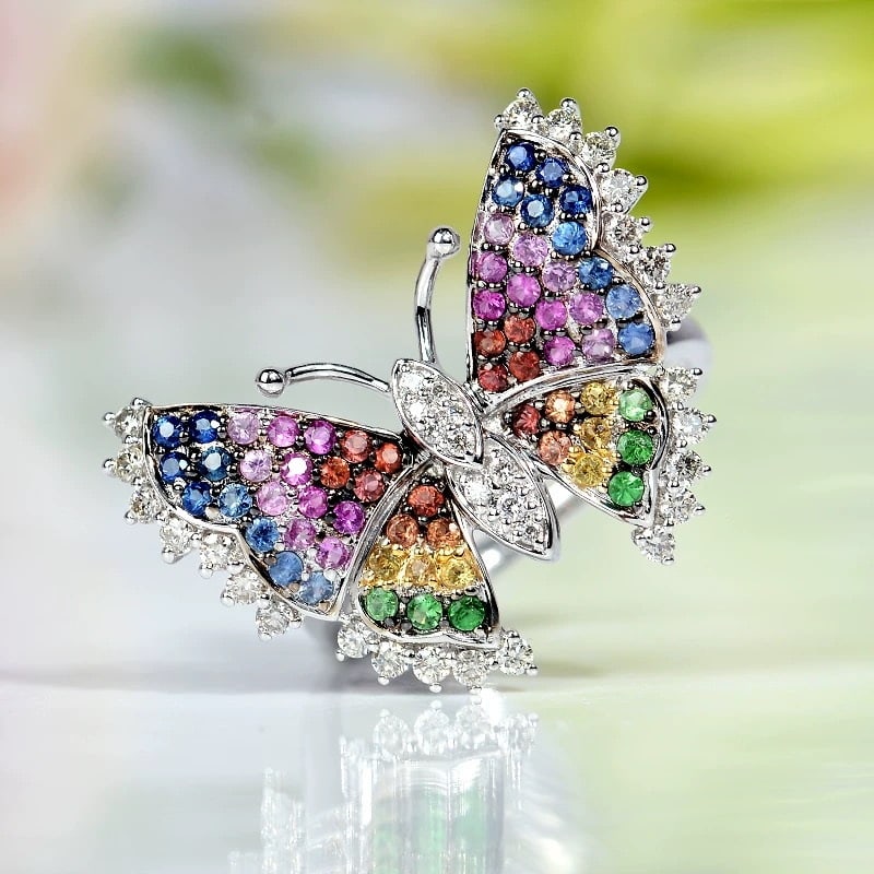 14k Gold 0.66 Ct Natural Sapphire & Diamond & Butterfly Ring - 3
