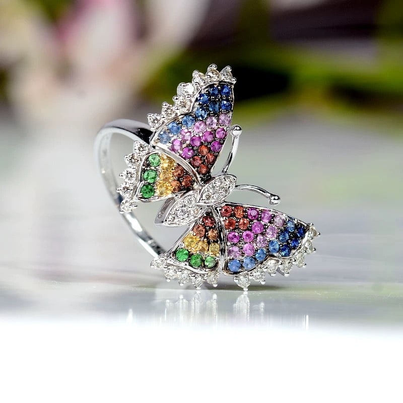 14k Gold 0.66 Ct Natural Sapphire & Diamond & Butterfly Ring - 4