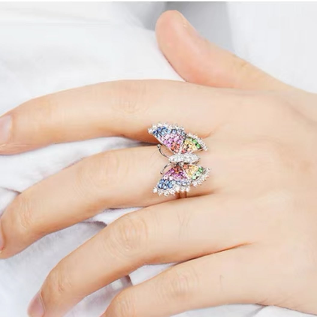 14k Gold 0.66 Ct Natural Sapphire & Diamond & Butterfly Ring - 6