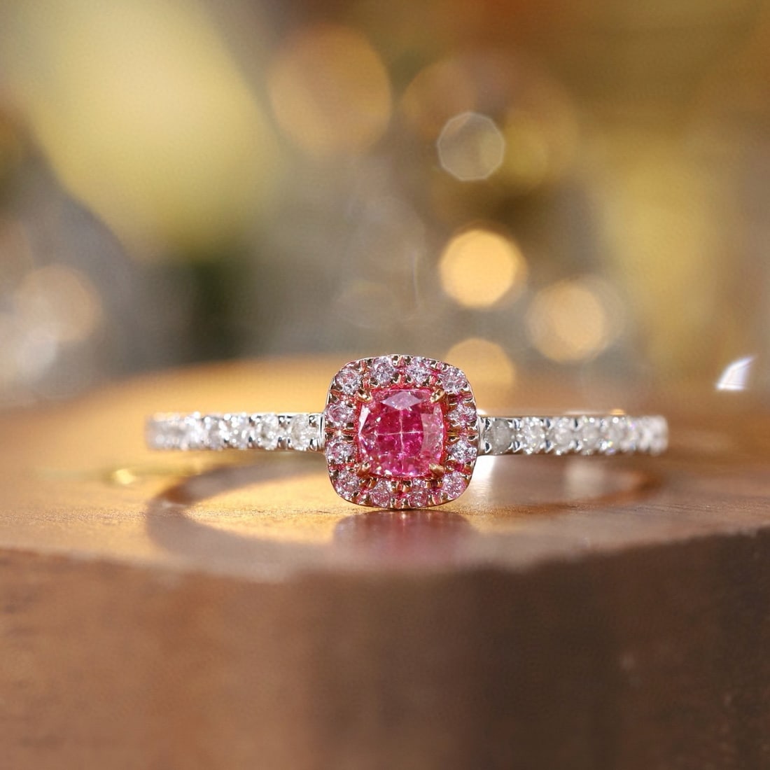 14k Gold 0.40 Ctw Natural Pink Diamond & Diamond Ring: Ref:230967065 // gold content:14k gold // ring size:7. 25us // // main gemstone:pink diamond // shape:cushion // carat weight:0. 20ct // color:pink // treatment:natural // // adjacent gemstone 2 :