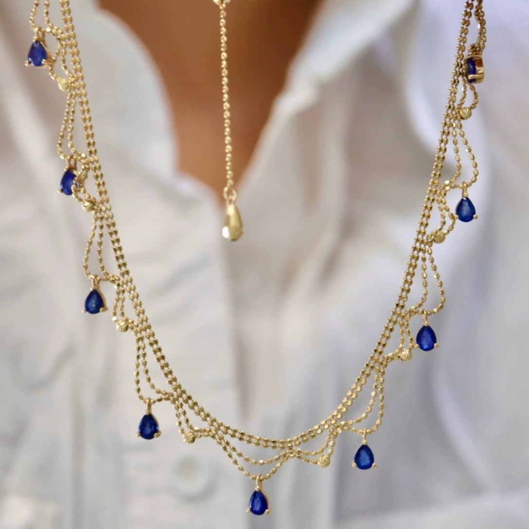 14k Gold 2.7 Ct Natural Sapphire Necklace: Ref:230967053 // gold content:14k gold // main gemstone:sapphire // shape:pear // carat weight:2. 7ct // color:blue // treatment:natural // Low Estimate: 3700 Condition: New High Estimate: 5600
