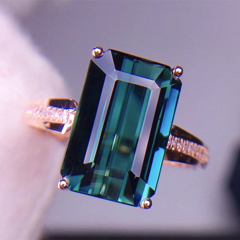 14k Gold 5.96 Ct Natural Sapphire & Diamond Ring: Ref:230967089 // gold content:14k gold // ring size:7. 25us // // main gemstone:sapphire // shape:octagonal // carat weight:5. 96ct // color:bluish green // treatment:natural // // adjacent gemstone