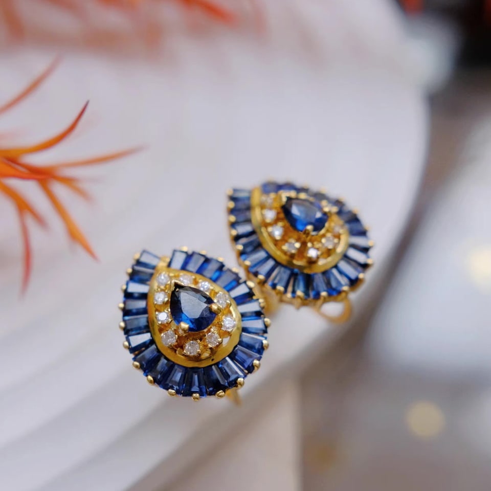 14k Gold 3.18 Ctw Natural Sapphire & Diamond Earrings - 2