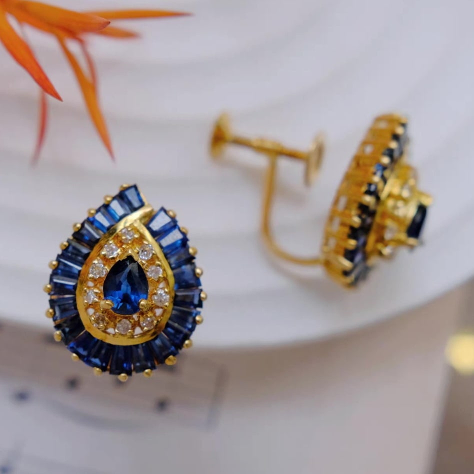 14k Gold 3.18 Ctw Natural Sapphire & Diamond Earrings - 3
