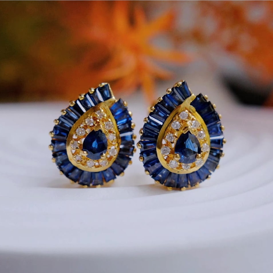 14k Gold 3.18 Ctw Natural Sapphire & Diamond Earrings - 6