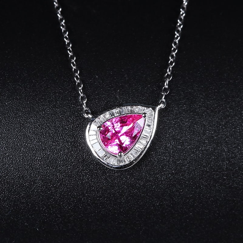 14k Gold 1.10 Ctw Natural Padparadscha Sapphire & Diamond Necklace: Ref:230967109 // gold content:14k gold // main gemstone:padparadscha sapphire // shape:pear // carat weight:0. 9ct // color:orangish pink // treatment:natural // // adjacent gemstone 2 : diamond //