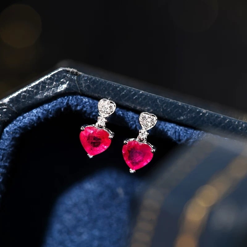 14k Gold 0.85 Ct Natural Ruby & Diamond Earrings - 2