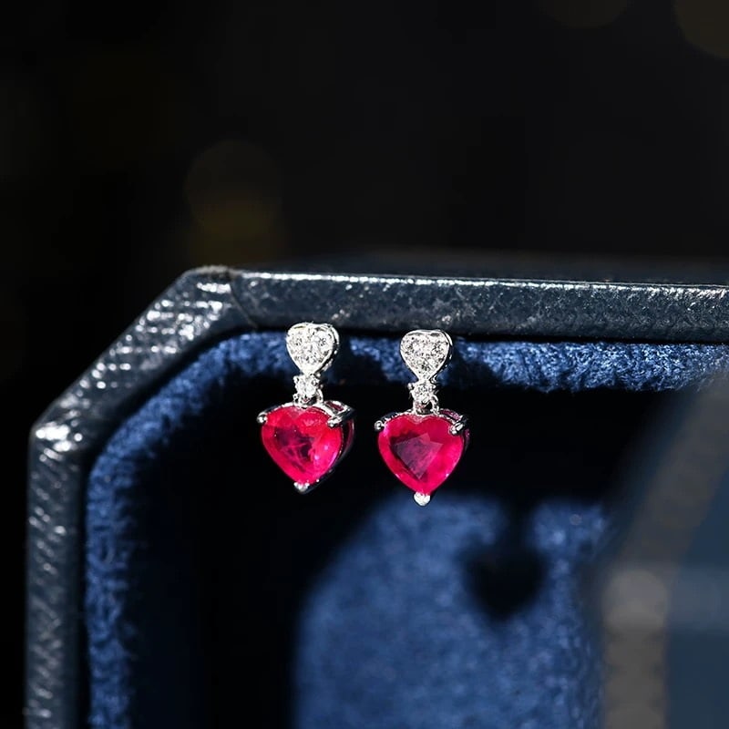 14k Gold 0.85 Ct Natural Ruby & Diamond Earrings - 4