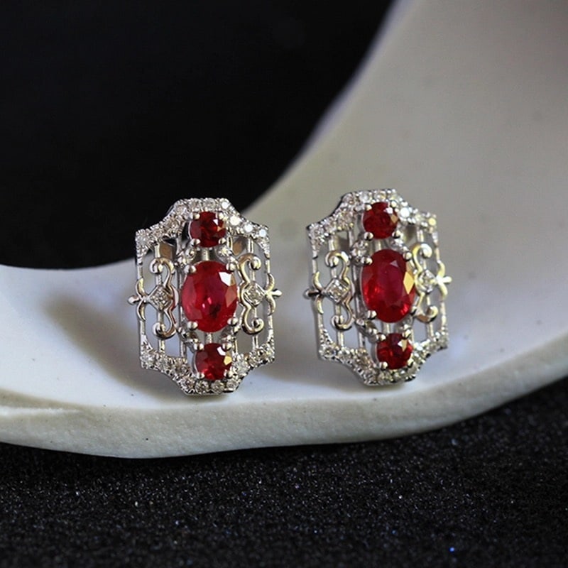 14k Gold 1.02 Ctw Natural Ruby & Diamond Earrings - 2