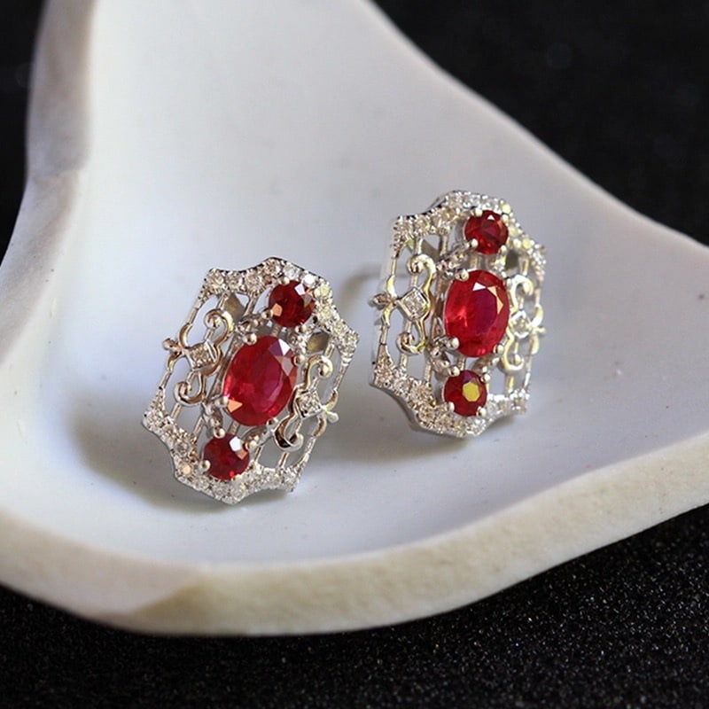 14k Gold 1.02 Ctw Natural Ruby & Diamond Earrings - 3