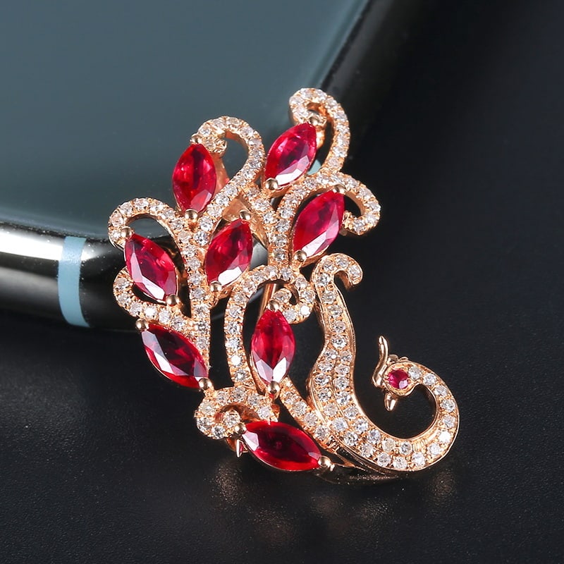 14k Gold 1.70 Ctw Vivid Red Natural Ruby & Diamond Brooch/pendant( Without Chain ): Ref:230967090 // gold content:14k gold // main gemstone:ruby // shape:marquise // carat weight:1. 32ct // color:vivid red // treatment:natural // // adjacent gemstone 2 : diamond // number of
