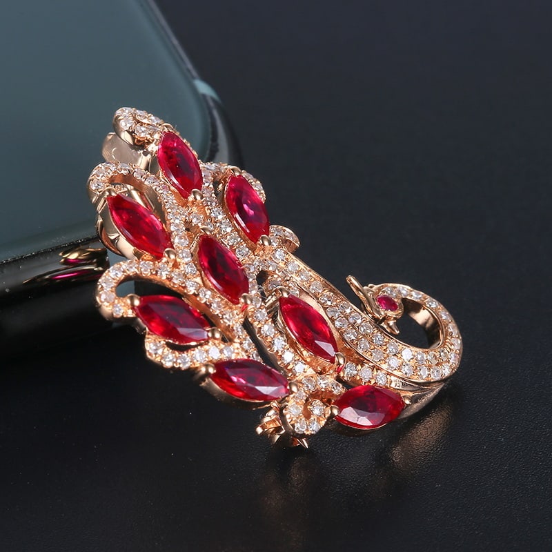 14k Gold 1.70 Ctw Vivid Red Natural Ruby & Diamond Brooch/pendant( Without Chain ) - 5