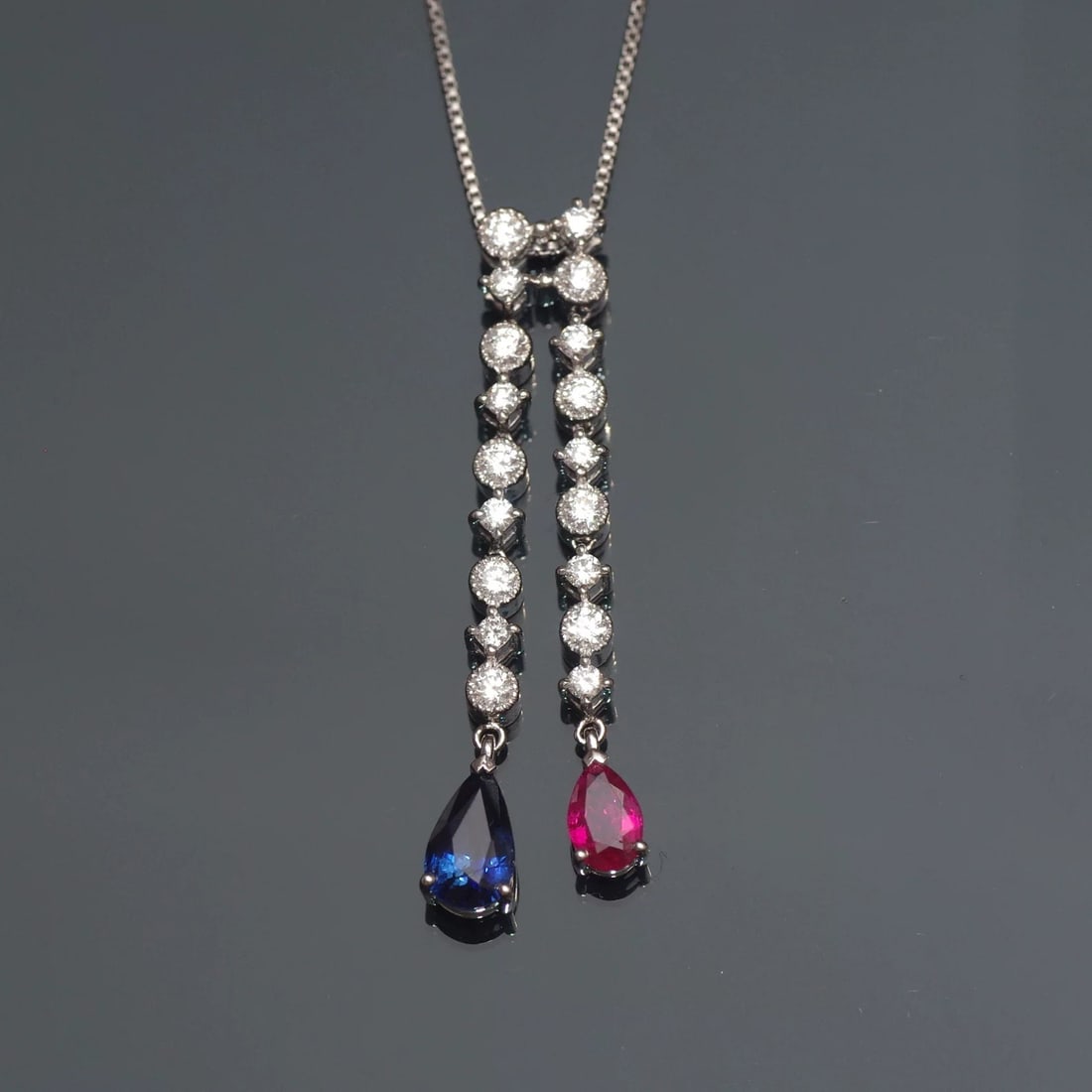 14k Gold 1.53 Ctw Natural Sapphire & Ruby & Toi Et Moi Necklace: Ref:230967137 // gold content:14k gold // main gemstone:sapphire // shape:pear // carat weight:1. 03ct // color:blue // treatment:natural // // adjacent gemstone 2 : ruby // shape:pear // carat