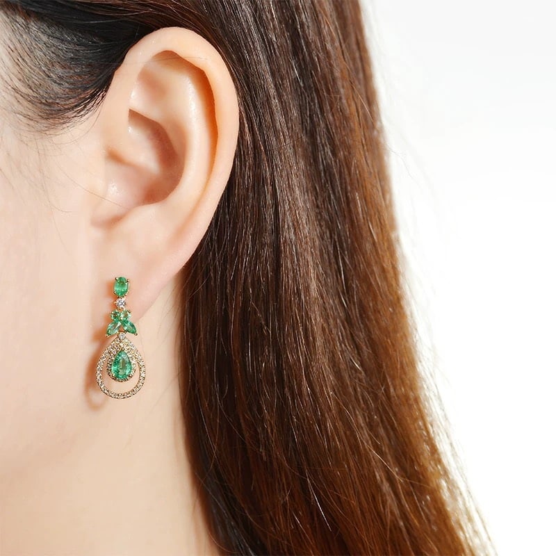 14k Gold 1.91 Ctw Natural Emerald & Diamond Earrings - 2