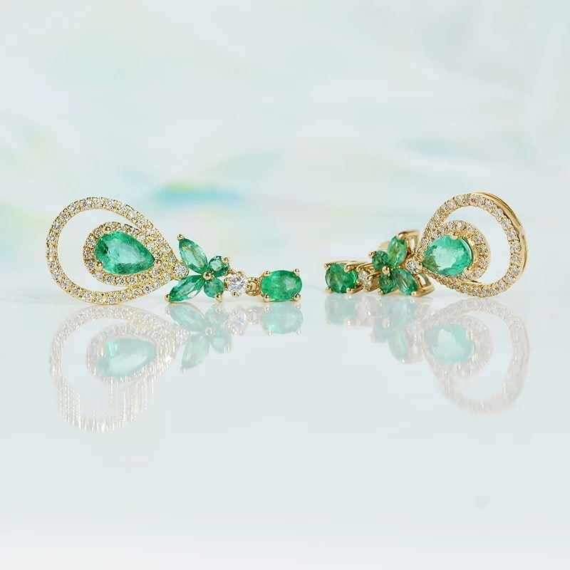 14k Gold 1.91 Ctw Natural Emerald & Diamond Earrings - 4