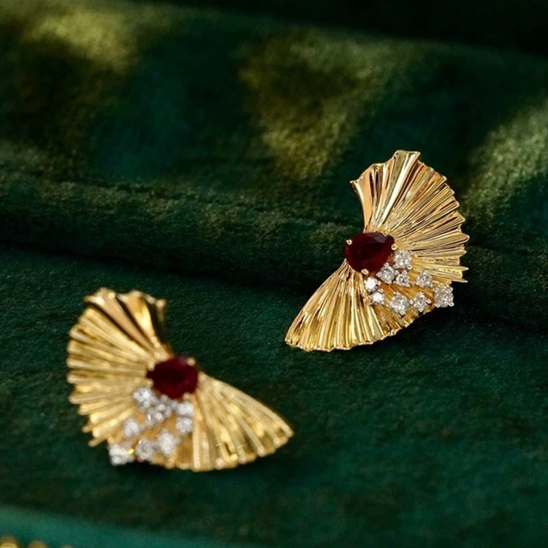 14k Gold 0.58 Ctw Natural Ruby & Diamond Earrings - 2