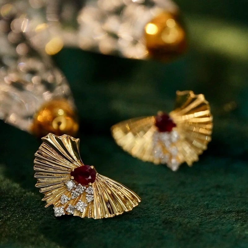 14k Gold 0.58 Ctw Natural Ruby & Diamond Earrings - 3