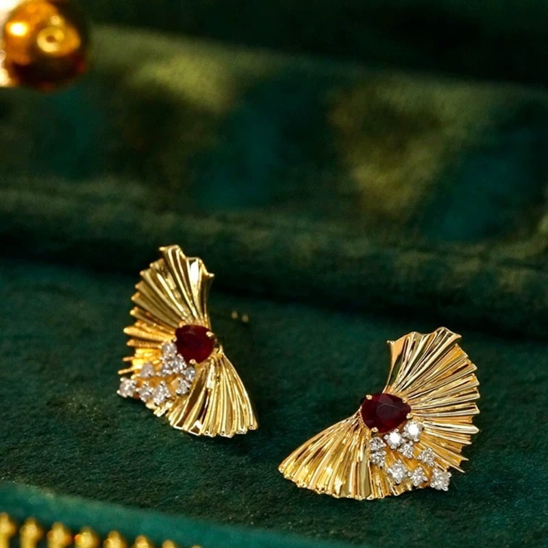 14k Gold 0.58 Ctw Natural Ruby & Diamond Earrings - 4